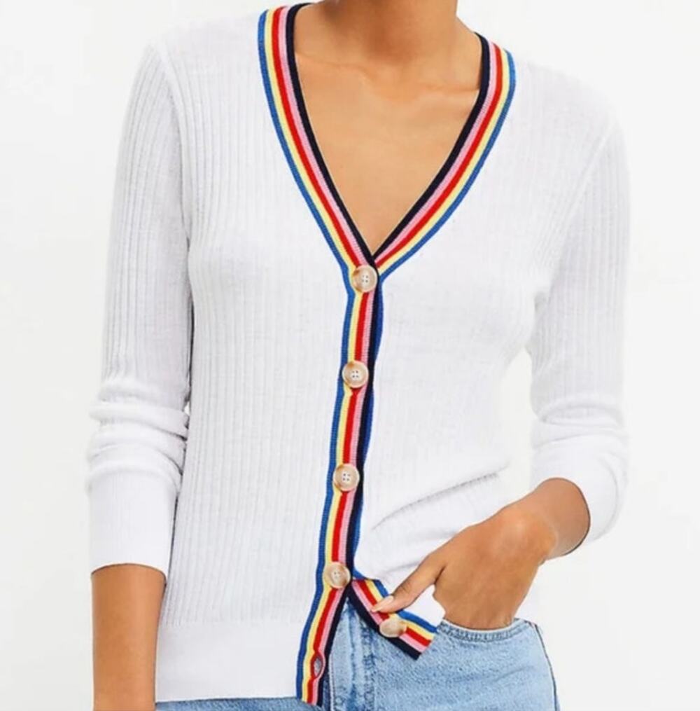 LOFT White Ribbed Cardigan XL NWT Button‎ Front Preppy Classic Lightweight